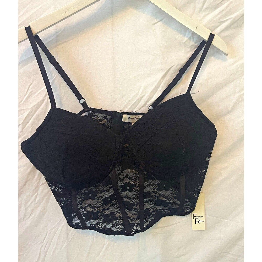 Faded Rose Black Floral Lace Longline Bustiet Zip Front Wireless Adjustable XL